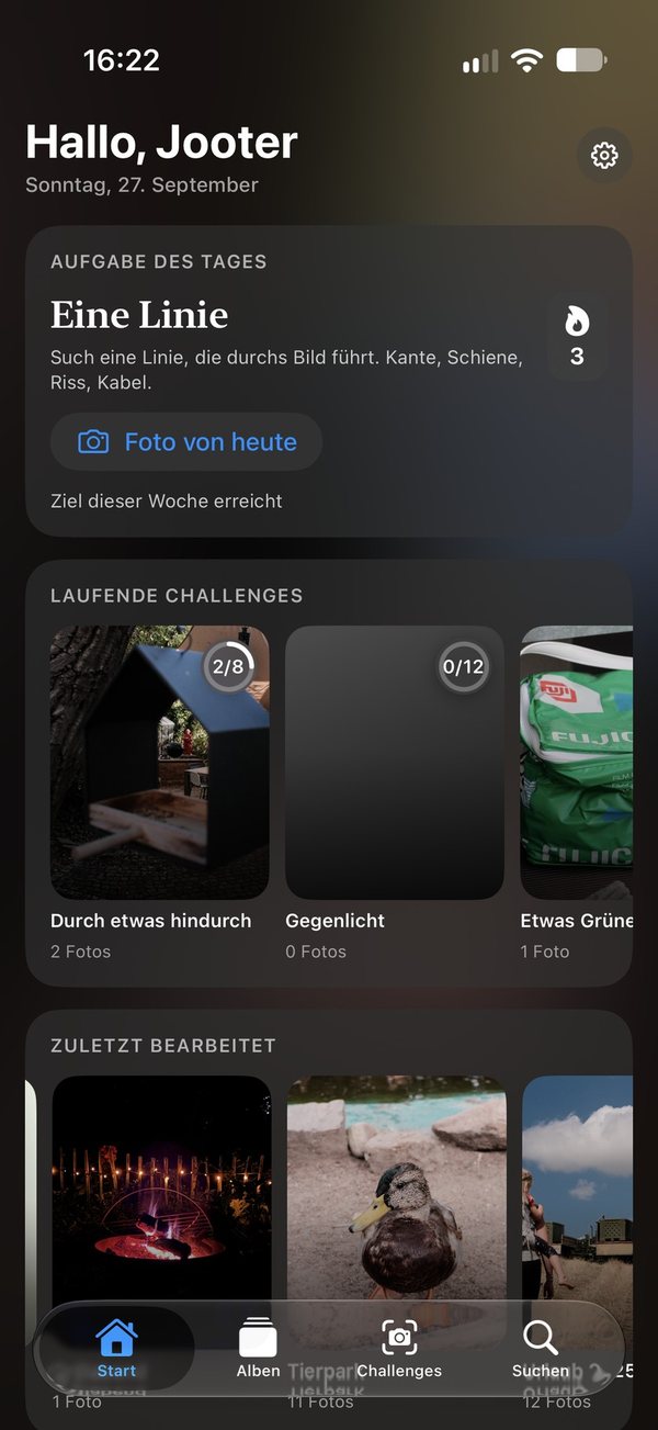 Joot: Startbildschirm mit der Aufgabe des Tages